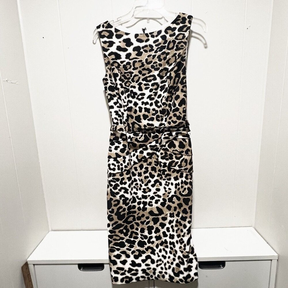 CACHE Ruche Tan Black White Leopard Print Dress With Belt Size 4